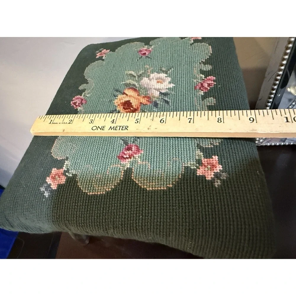 Vintage Floral Needlepoint Footstool Wood Rectangular  Green‎ ~9x12